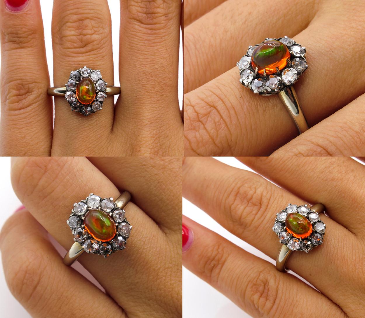 Victorian 2.45 Carat Fire Opal Old European Diamond Cluster Engagement Ring 7