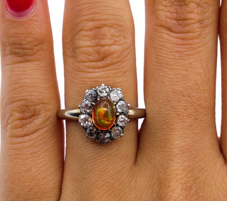 Victorian 2.45 Carat Fire Opal Old European Diamond Cluster Engagement Ring 8