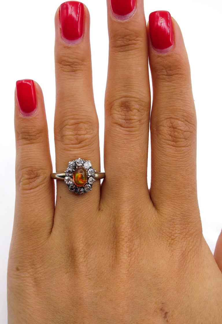 Victorian 2.45 Carat Fire Opal Old European Diamond Cluster Engagement Ring 9