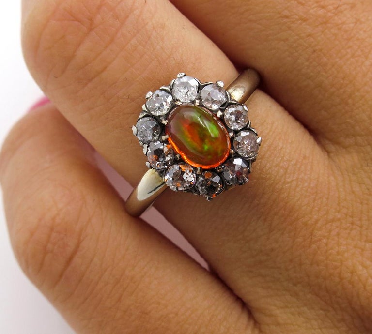 Victorian 2.45 Carat Fire Opal Old European Diamond Cluster Engagement Ring 10