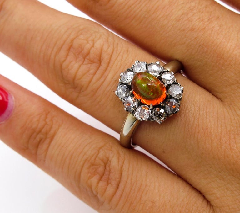 Victorian 2.45 Carat Fire Opal Old European Diamond Cluster Engagement Ring 11
