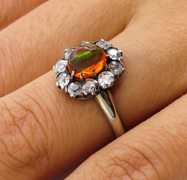 Victorian 2.45 Carat Fire Opal Old European Diamond Cluster Engagement Ring 12