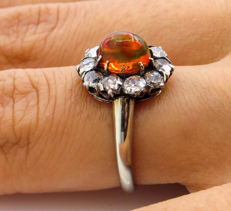 Victorian 2.45 Carat Fire Opal Old European Diamond Cluster Engagement Ring 14