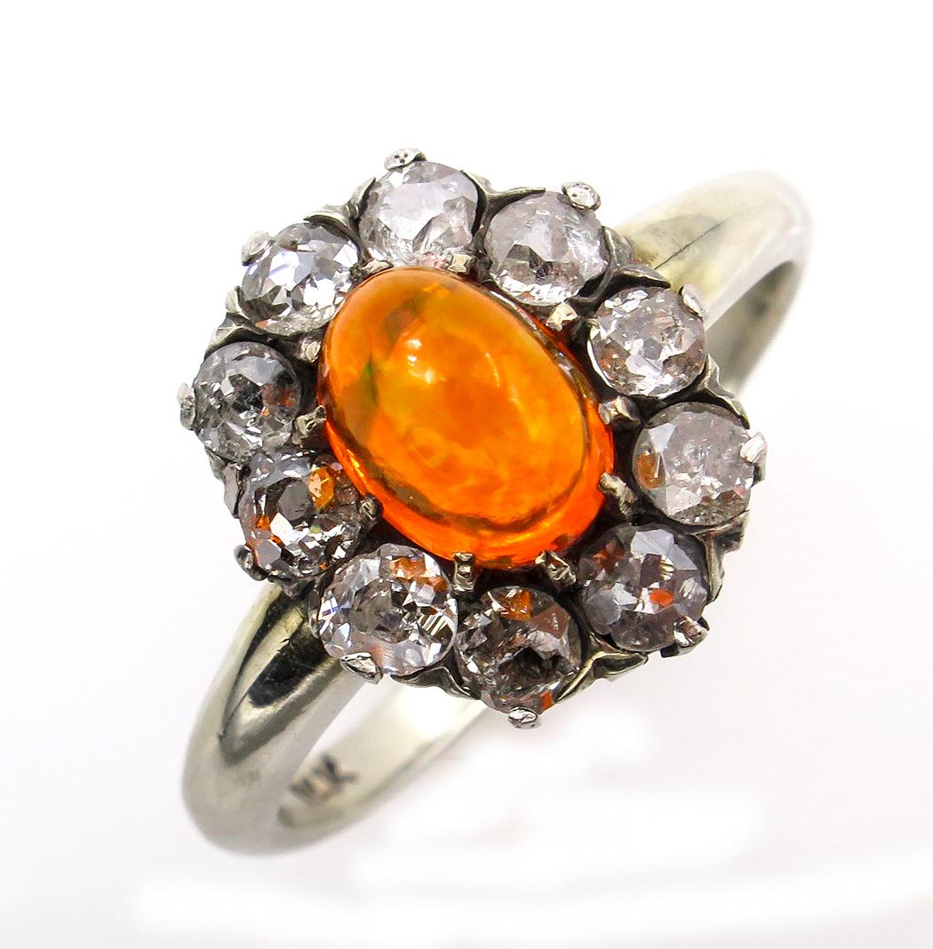 Old European Cut Victorian 2.45 Carat Fire Opal Old European Diamond Cluster Engagement Ring