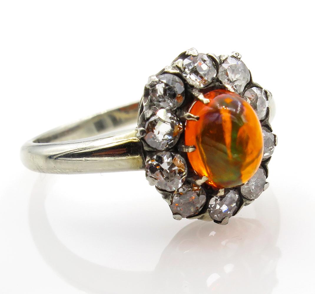 Women's Victorian 2.45 Carat Fire Opal Old European Diamond Cluster Engagement Ring