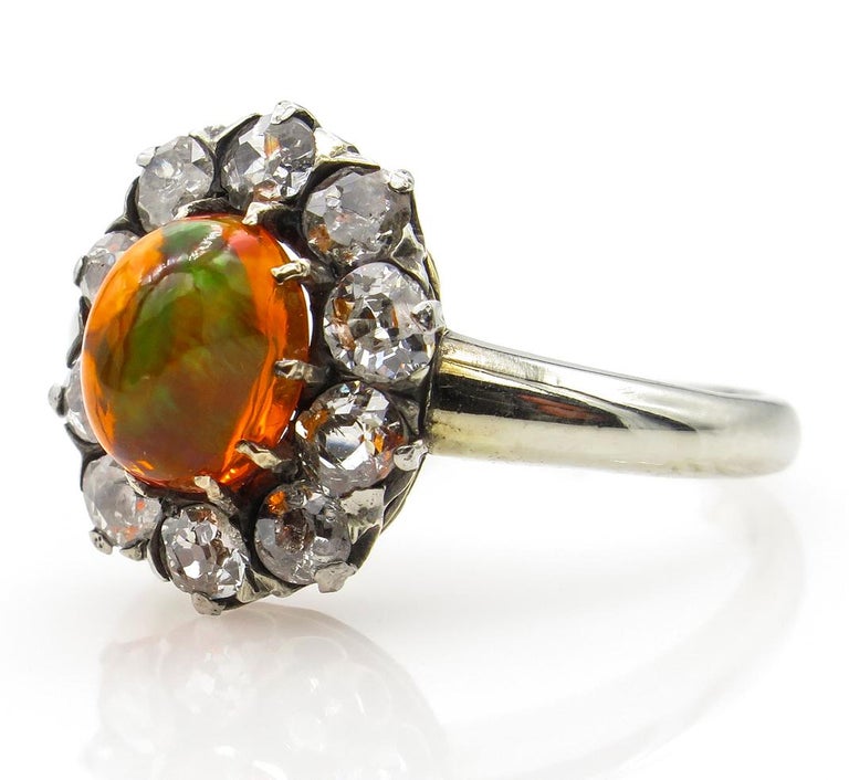 Victorian 2.45 Carat Fire Opal Old European Diamond Cluster Engagement Ring 1