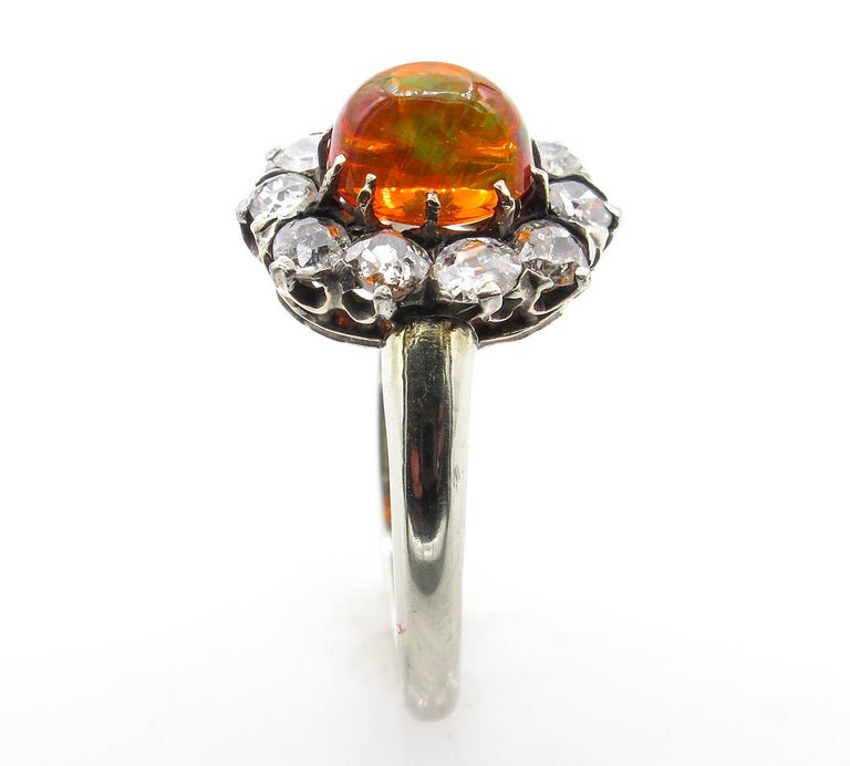 Victorian 2.45 Carat Fire Opal Old European Diamond Cluster Engagement Ring 2