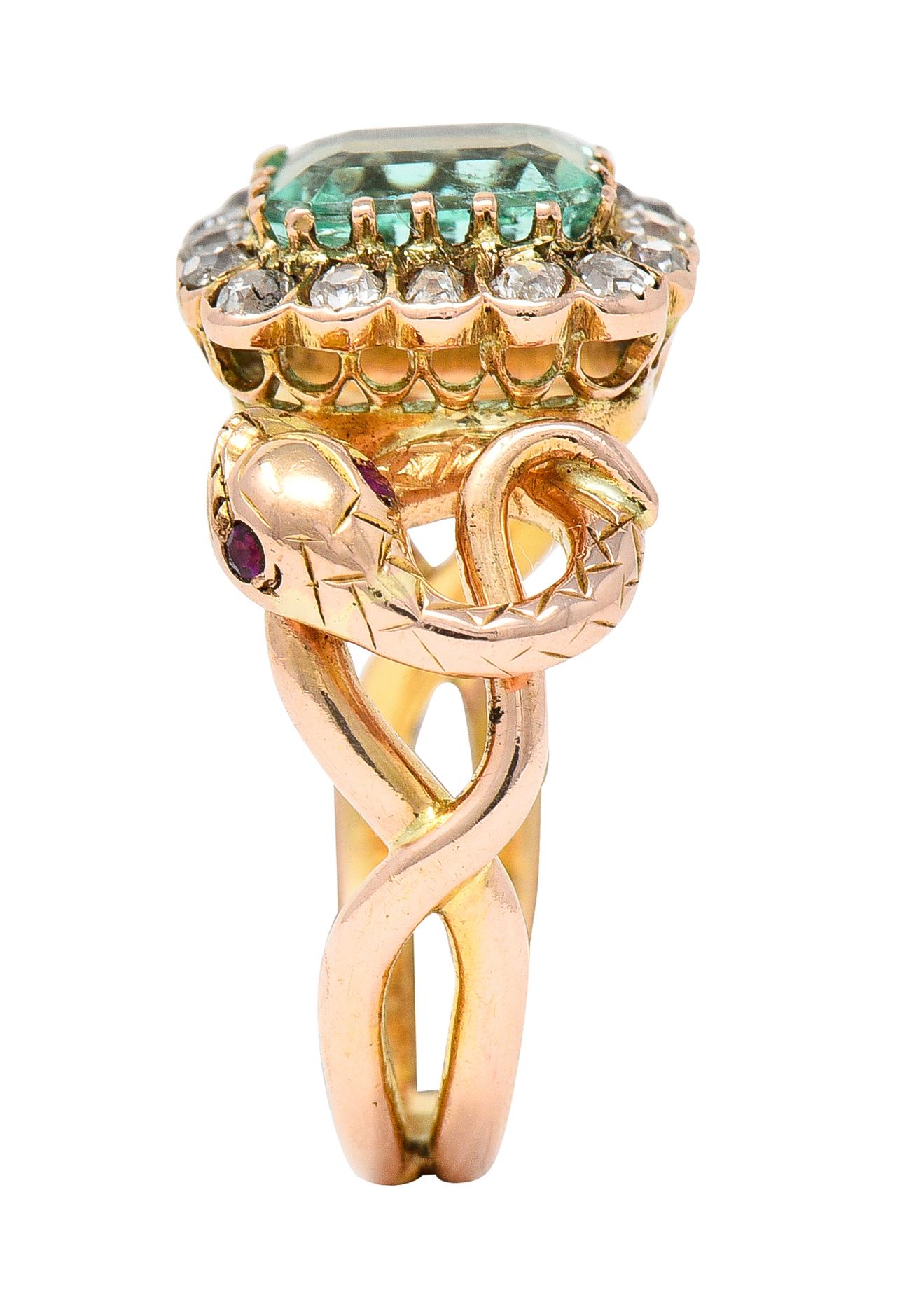 Victorian 2.46 Carats Emerald Diamond 18 Karat Rose Gold Snake Halo Ring 5