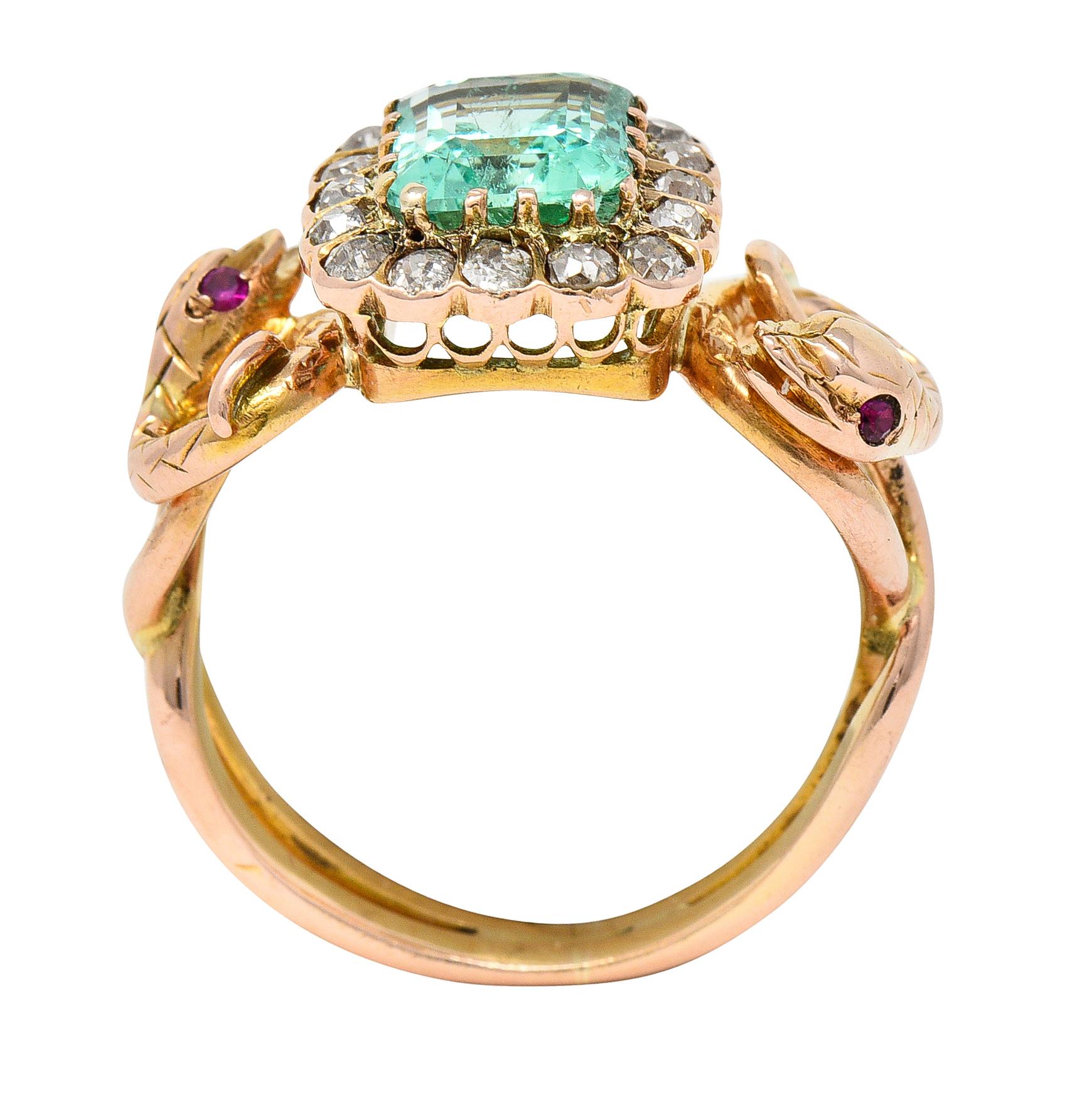 Victorian 2.46 Carats Emerald Diamond 18 Karat Rose Gold Snake Halo Ring 6