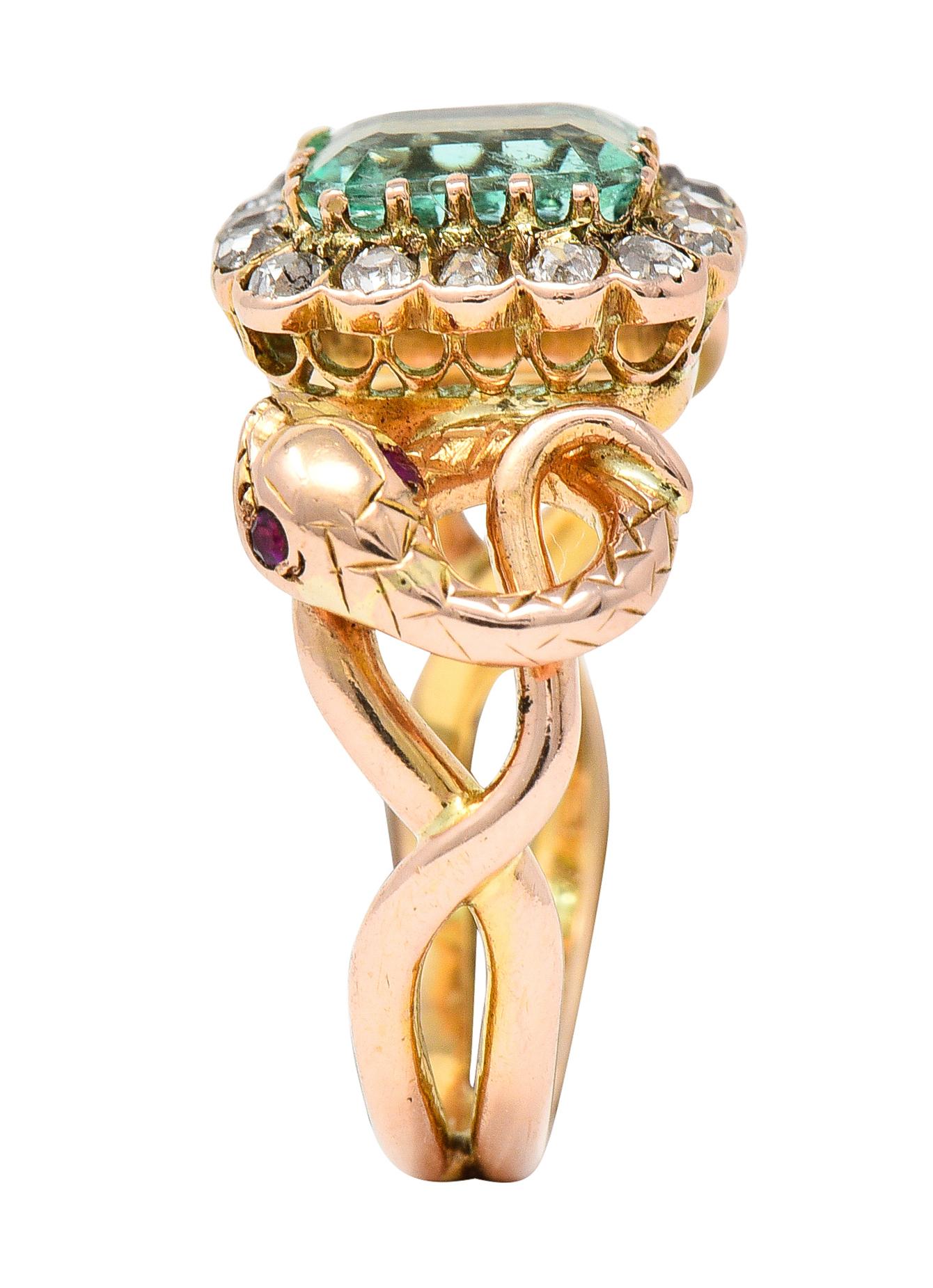 Victorian 2.46 Carats Emerald Diamond 18 Karat Rose Gold Snake Halo Ring 7