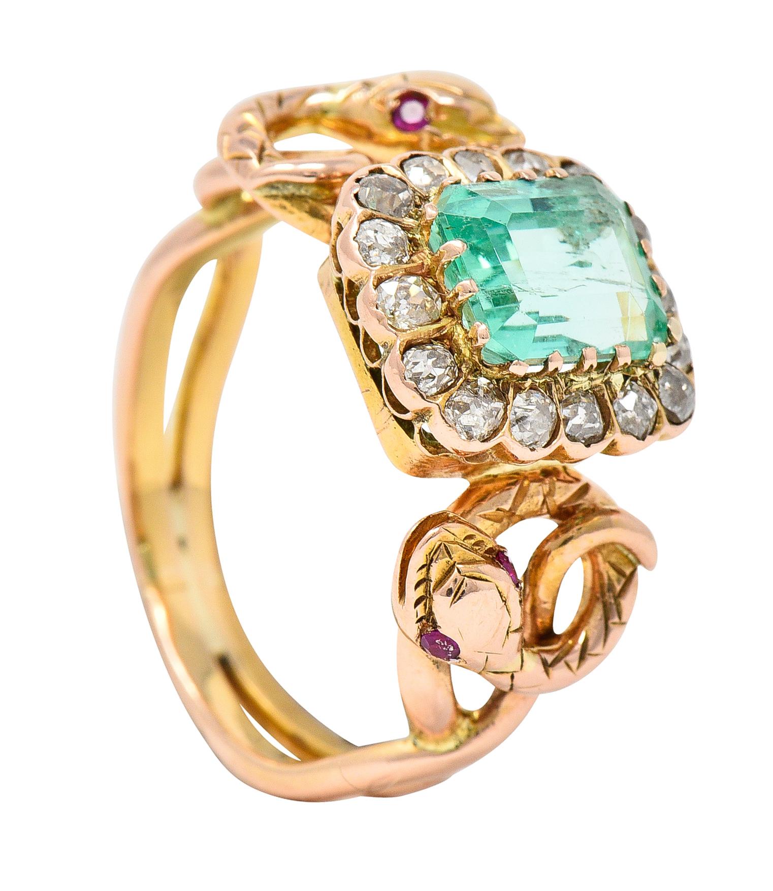 Victorian 2.46 Carats Emerald Diamond 18 Karat Rose Gold Snake Halo Ring 8