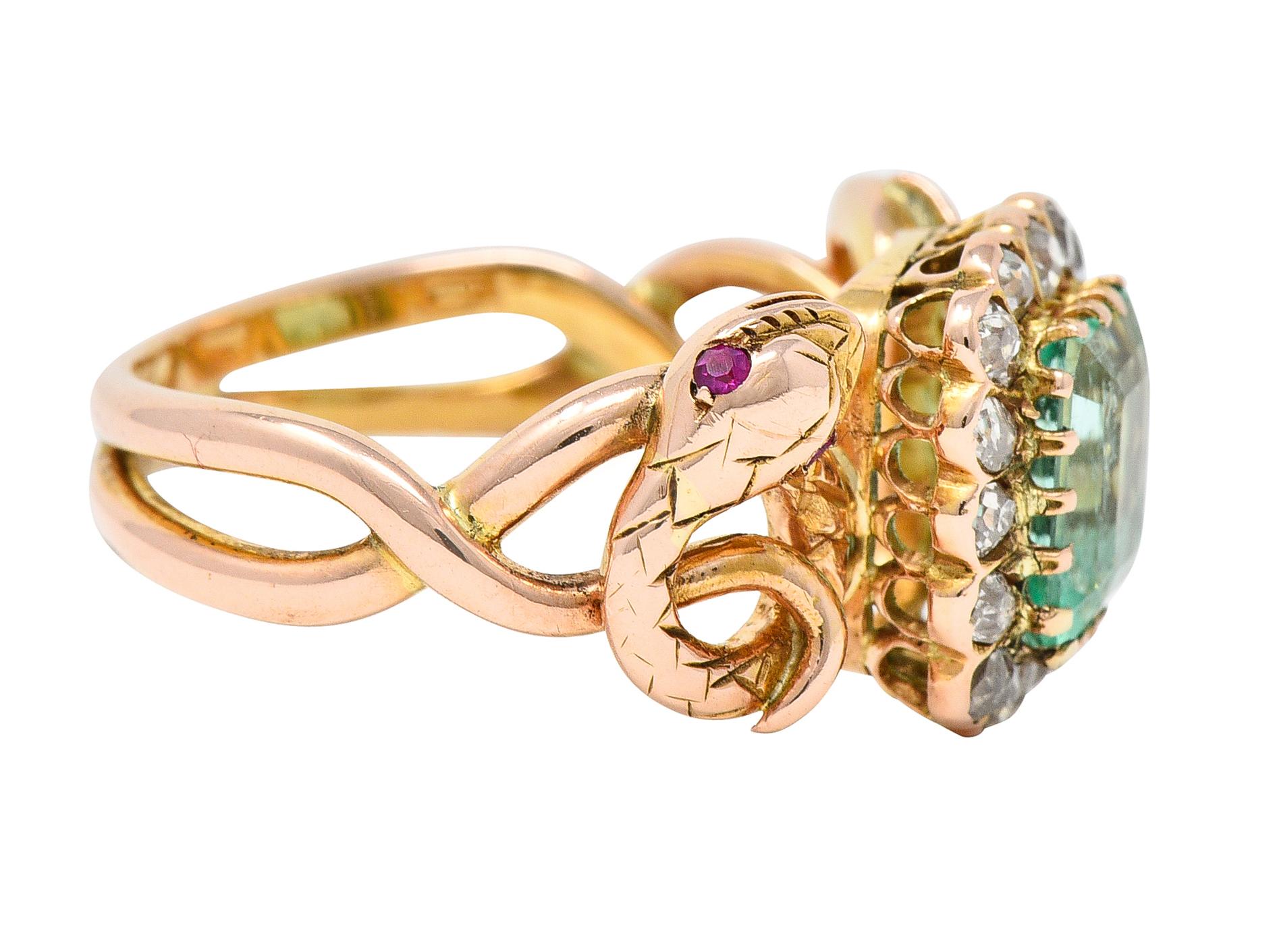 Old Mine Cut Victorian 2.46 Carats Emerald Diamond 18 Karat Rose Gold Snake Halo Ring