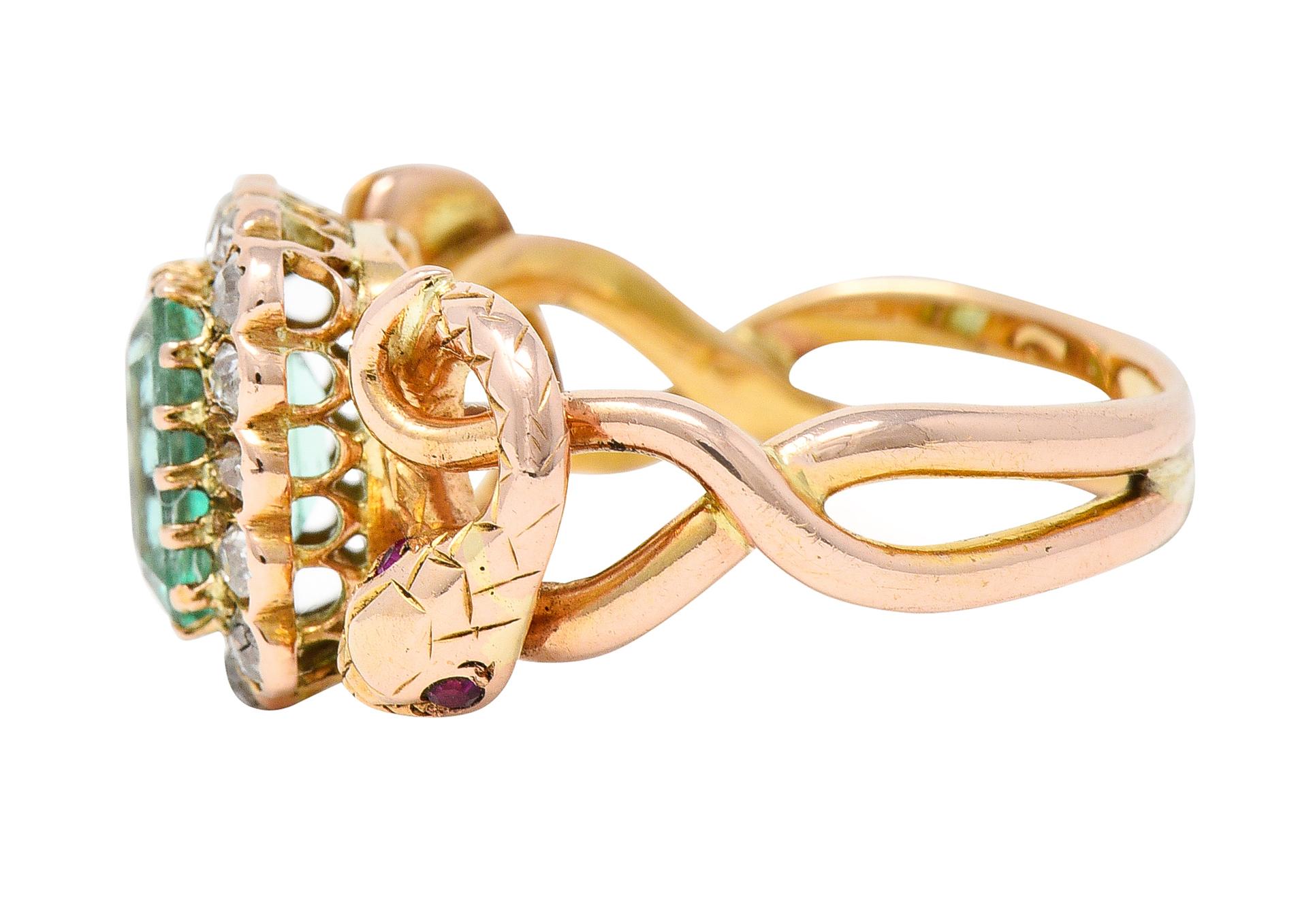 Women's or Men's Victorian 2.46 Carats Emerald Diamond 18 Karat Rose Gold Snake Halo Ring