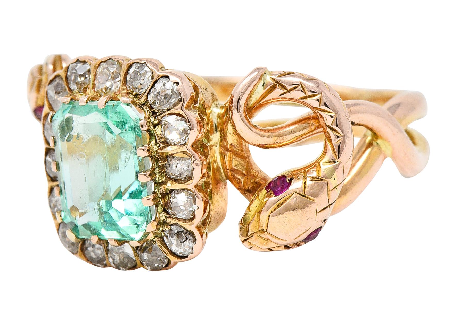 Victorian 2.46 Carats Emerald Diamond 18 Karat Rose Gold Snake Halo Ring 1