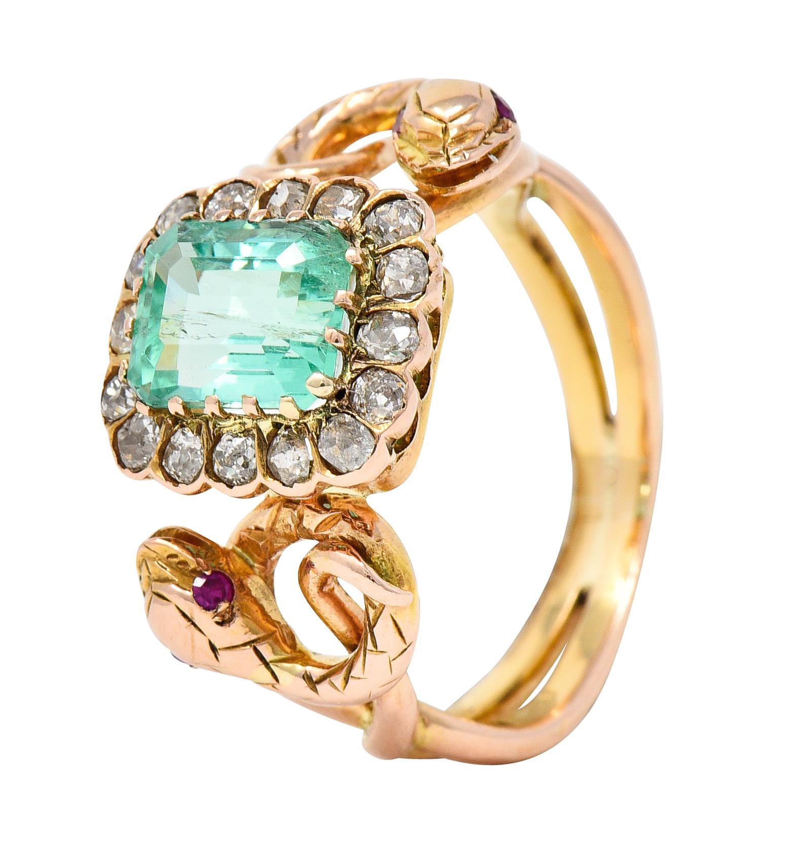 Victorian 2.46 Carats Emerald Diamond 18 Karat Rose Gold Snake Halo Ring 2