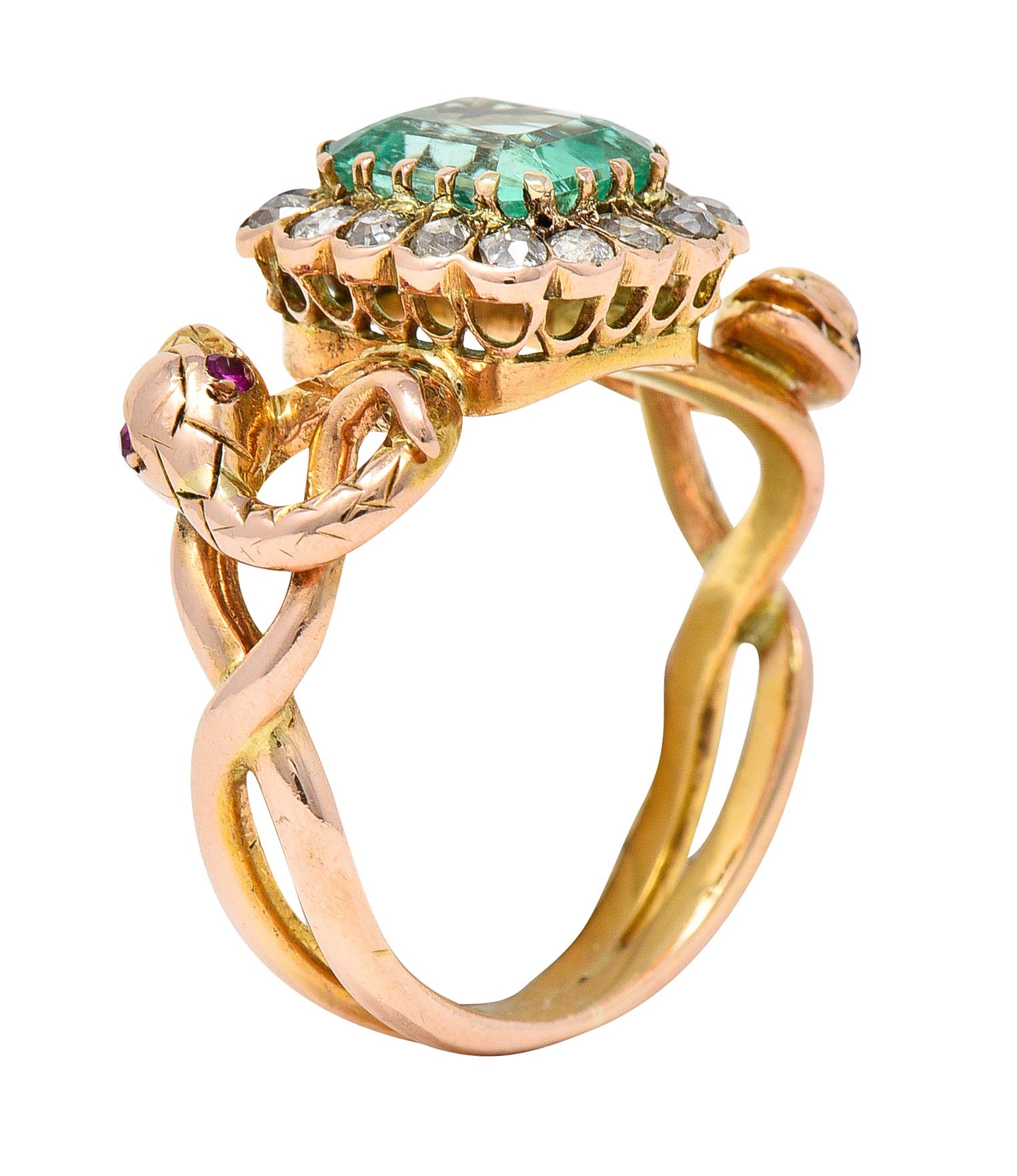 Victorian 2.46 Carats Emerald Diamond 18 Karat Rose Gold Snake Halo Ring 3