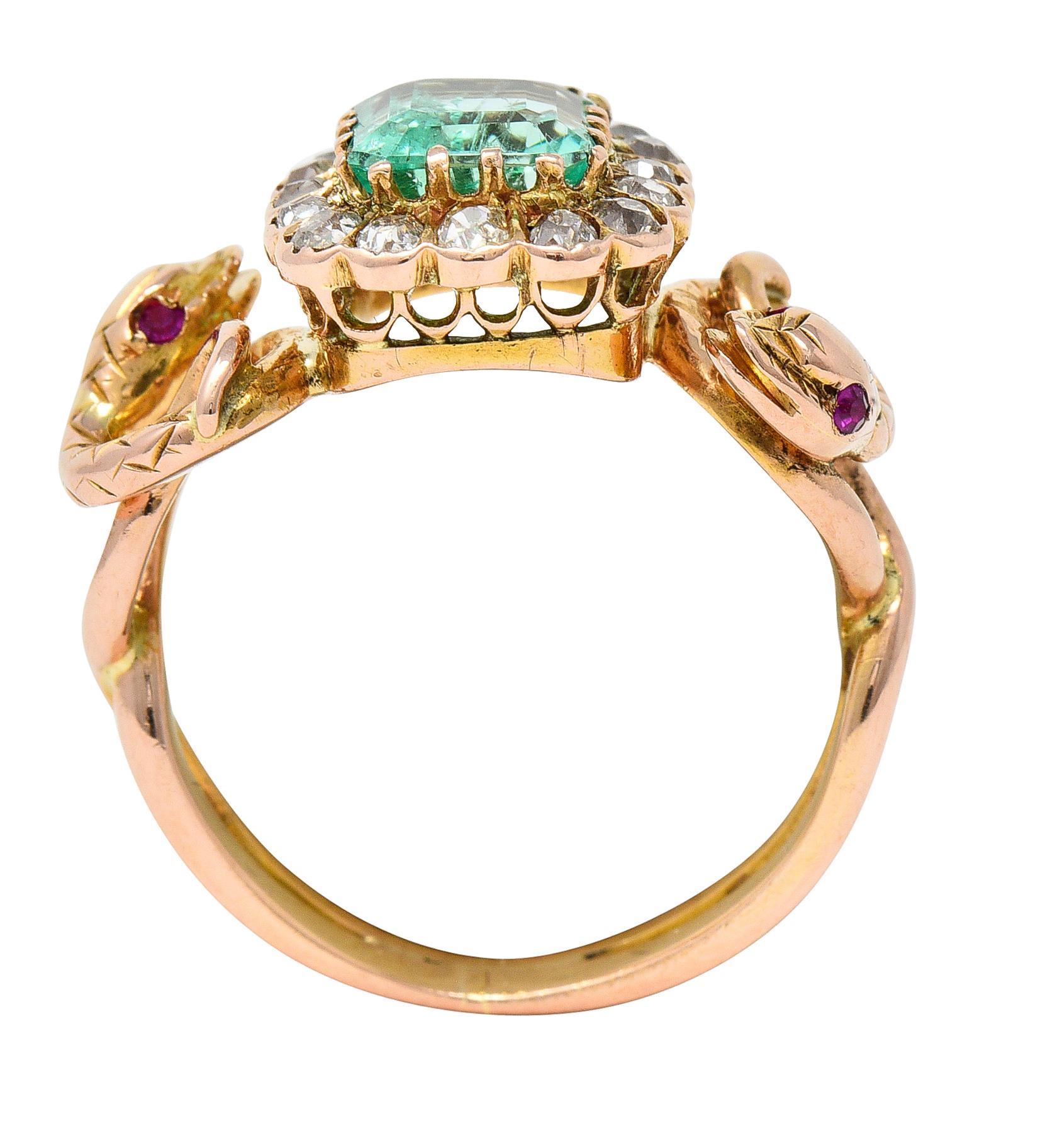Victorian 2.46 Carats Emerald Diamond 18 Karat Rose Gold Snake Halo Ring 4