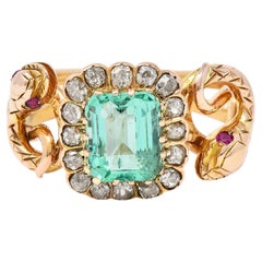 Victorian 2.46 Carats Emerald Diamond 18 Karat Rose Gold Snake Halo Ring