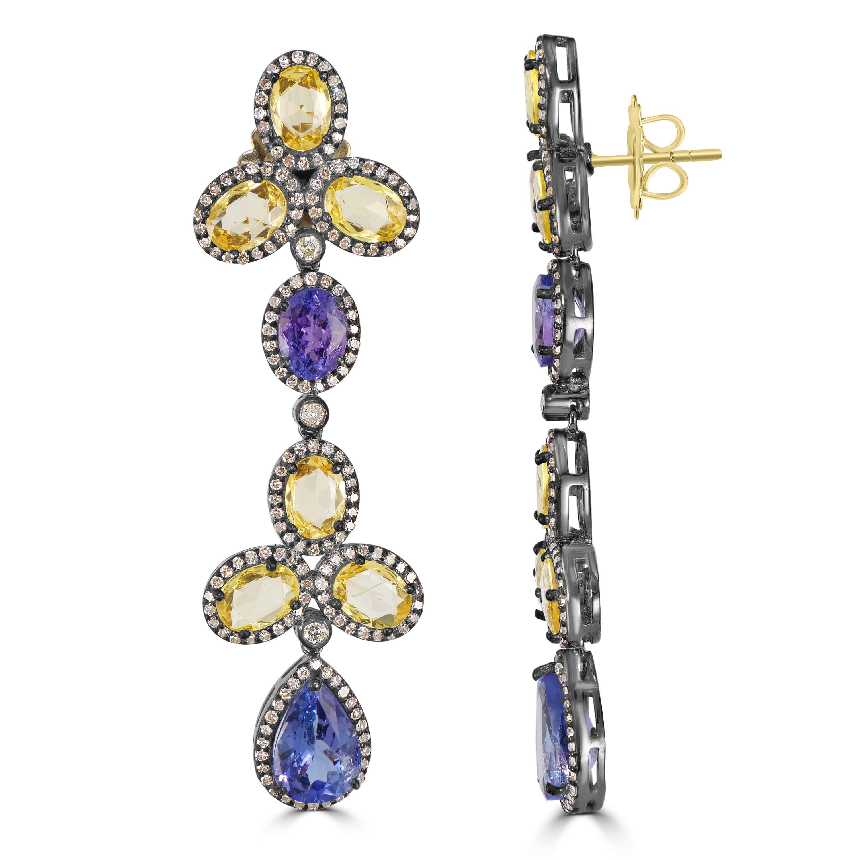 Oval Cut Victorian 24.87 Cttw. Tanzanite, Yellow Sapphire and Diamond Dangle Earrings  For Sale