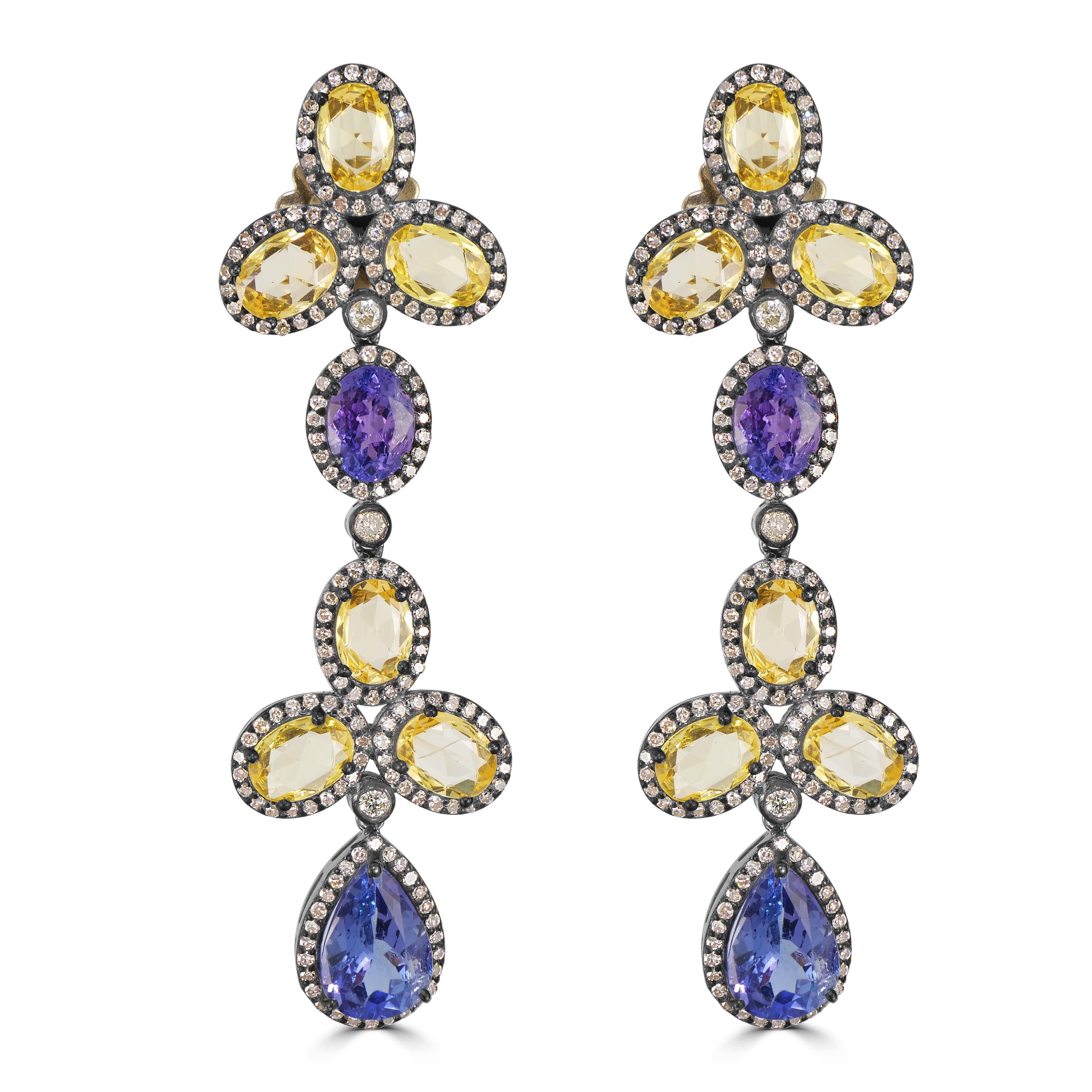 Victorian 24.87 Cttw. Tanzanite, Yellow Sapphire and Diamond Dangle Earrings  In New Condition For Sale In New York, NY