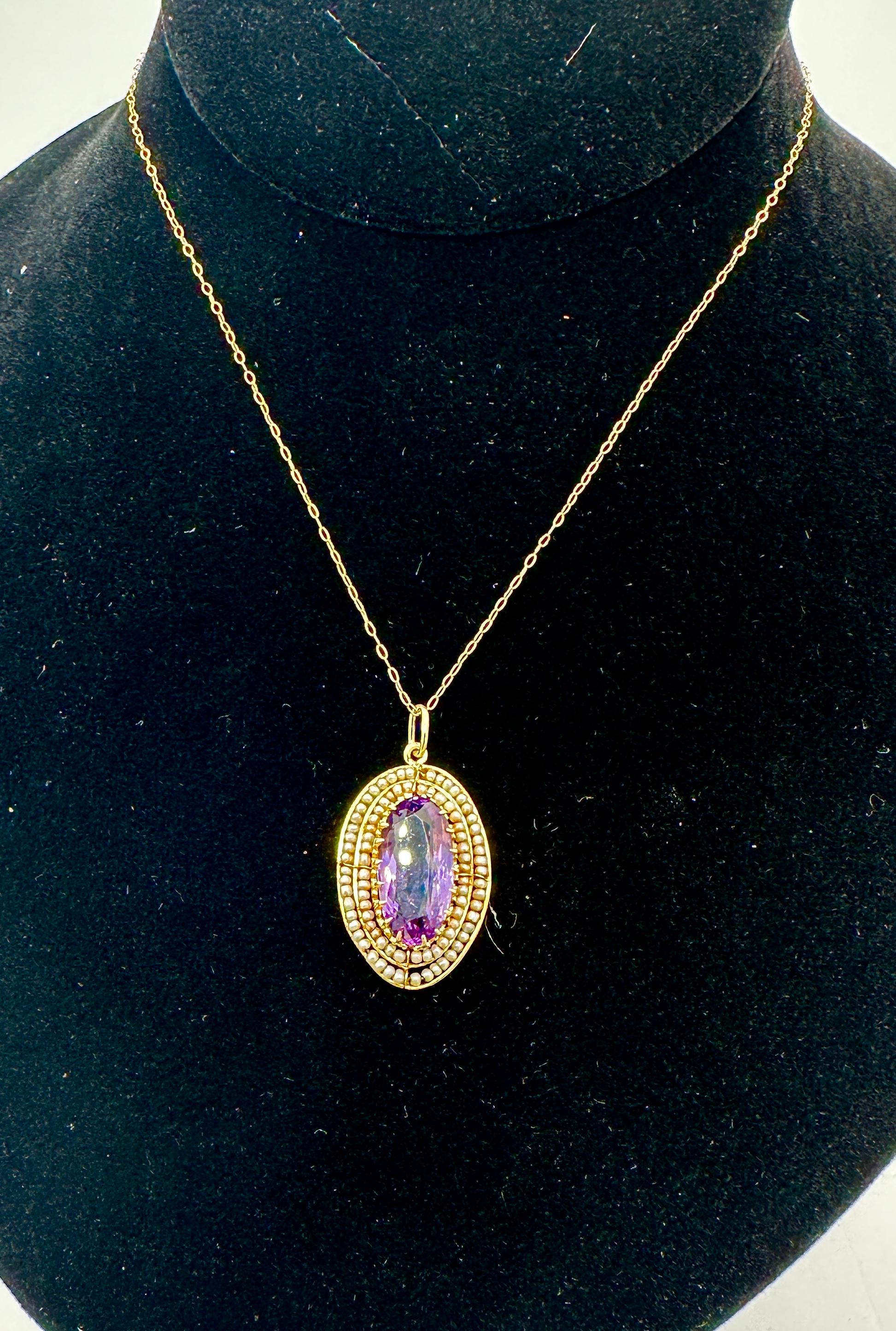 Victorian 2.5 Carat Amethyst Pearl Lavaliere Pendant Necklace Antique 14K Gold For Sale 5