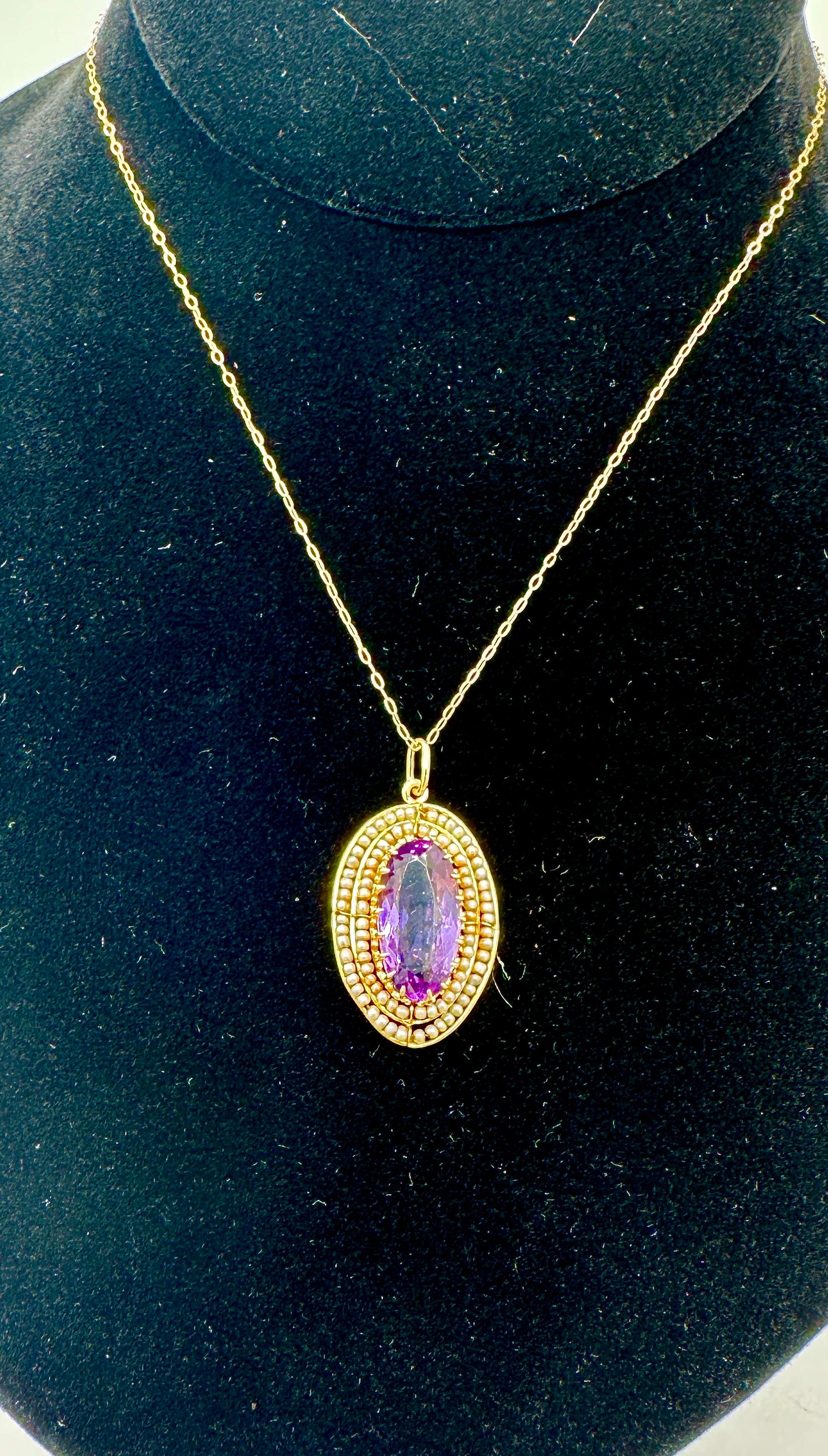Victorian 2.5 Carat Amethyst Pearl Lavaliere Pendant Necklace Antique 14K Gold In Excellent Condition For Sale In New York, NY