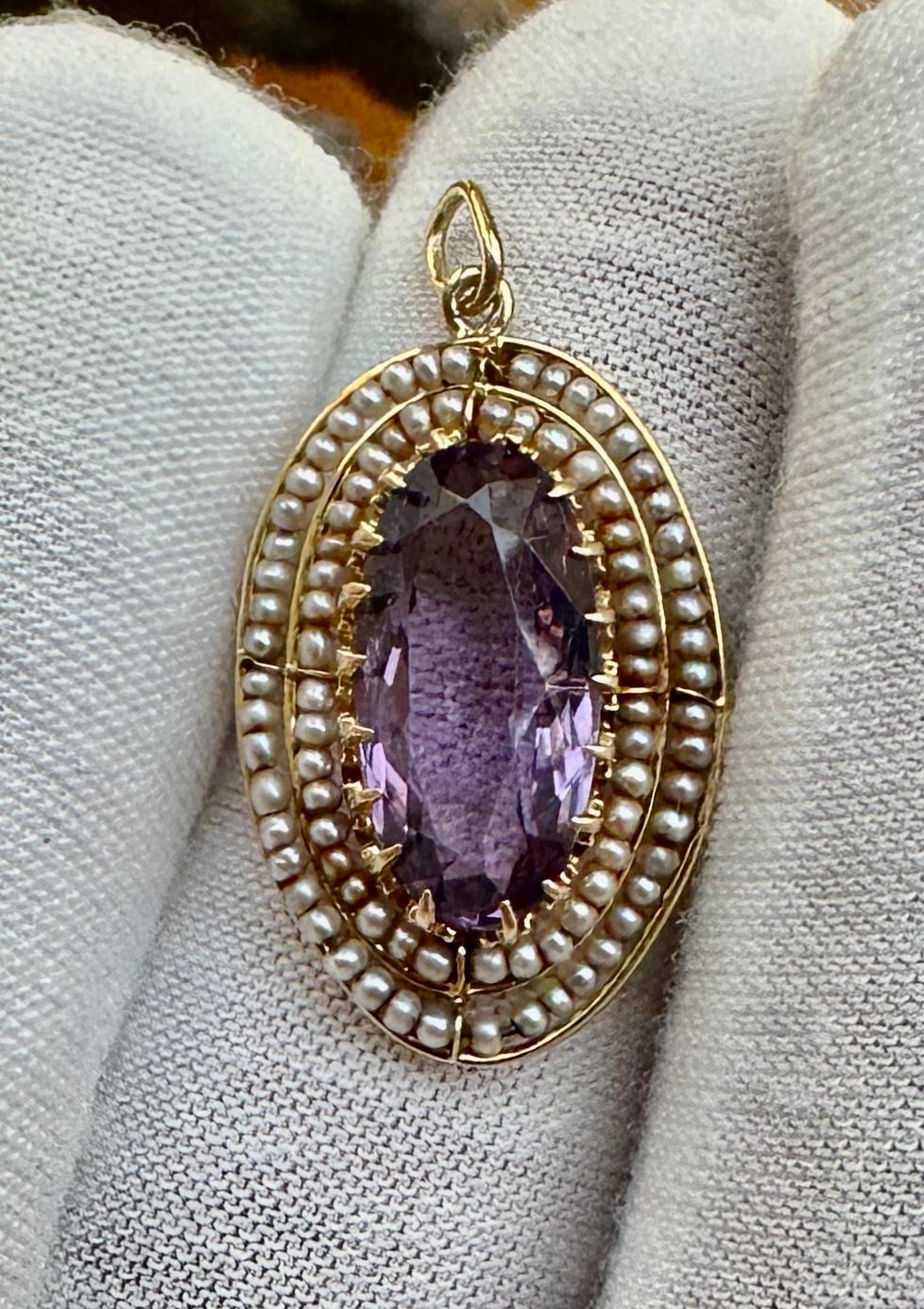 Victorian 2.5 Carat Amethyst Pearl Lavaliere Pendant Necklace Antique 14K Gold For Sale 2