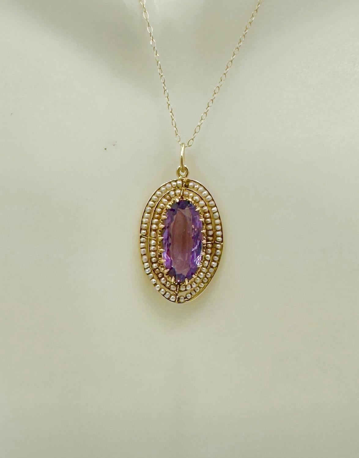 Victorian 2.5 Carat Amethyst Pearl Lavaliere Pendant Necklace Antique 14K Gold For Sale 3