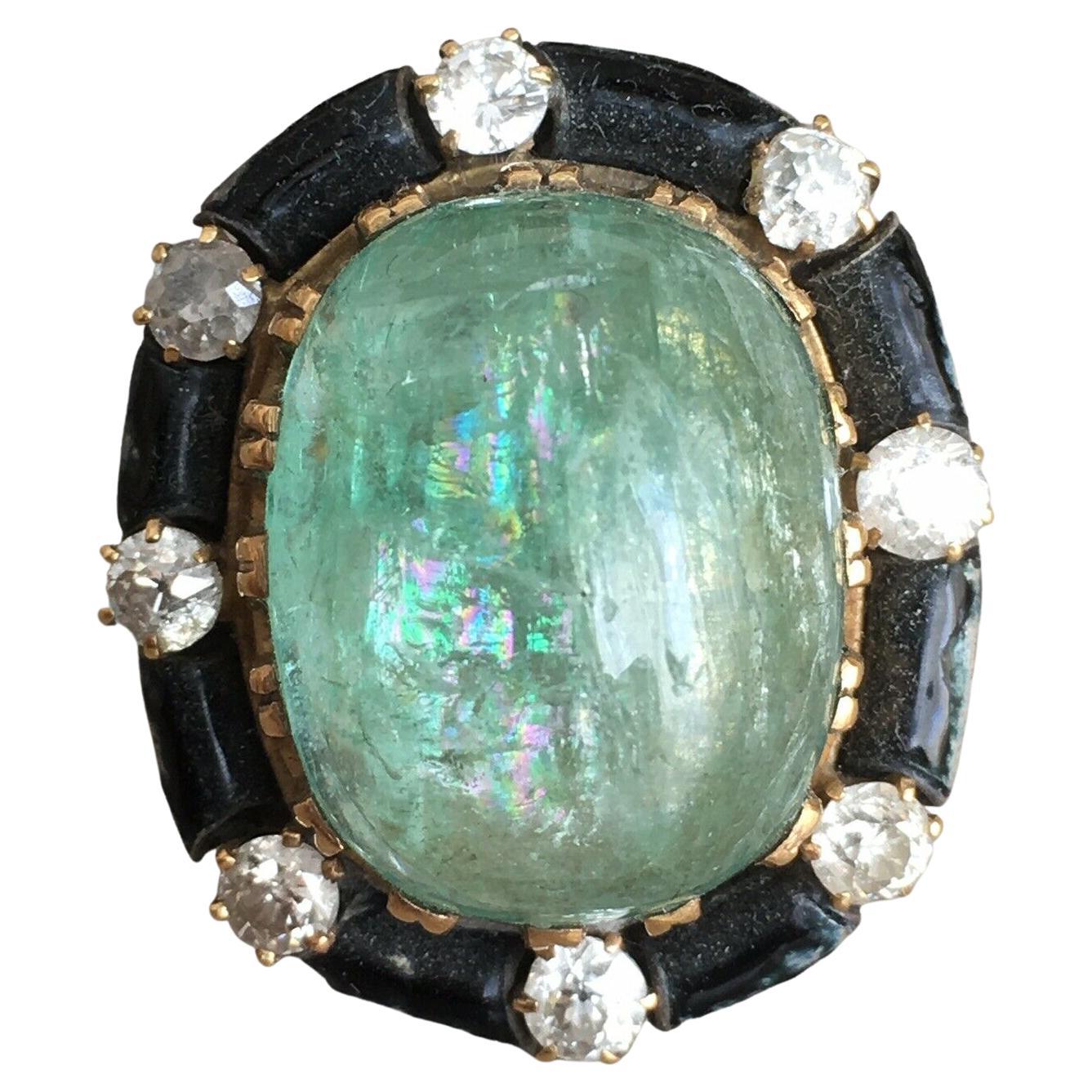 Victorian 25 Carat Siberian Emerald 1880s American Handmade Old Cut Diamonds GIA For Sale