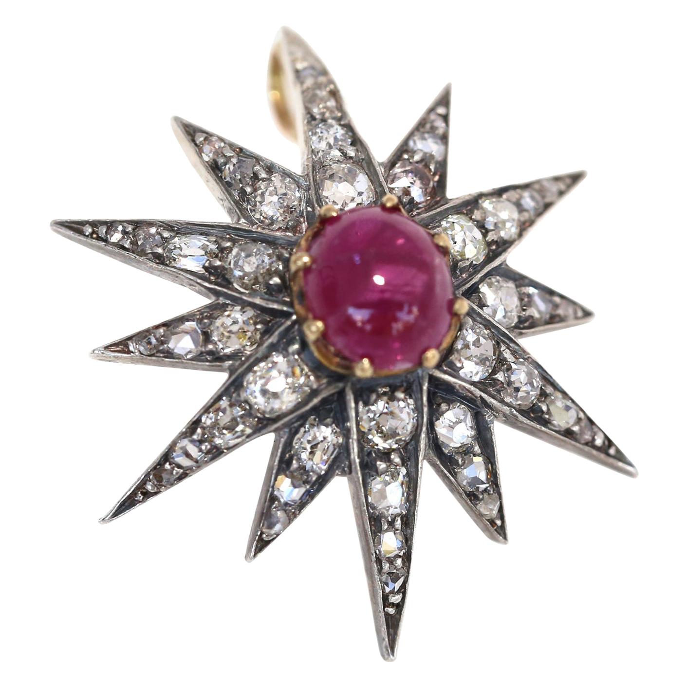 Victorian 2.5 Ct Cabochon Ruby Diamonds Medal Transformer Pendant Brooch, 1900