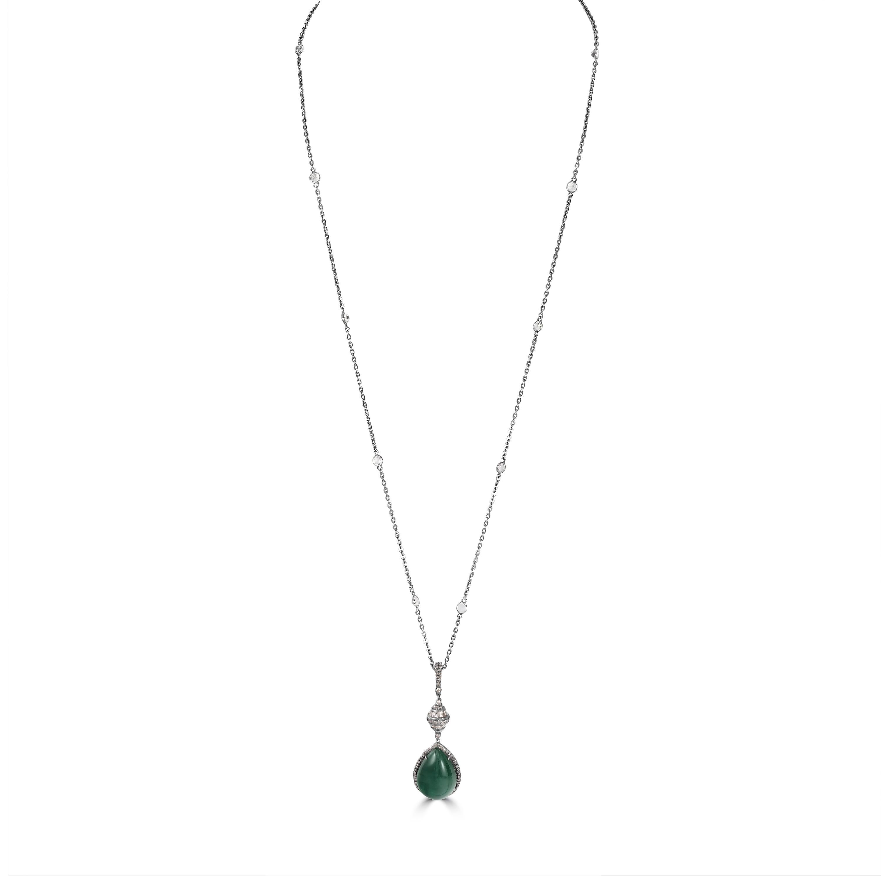 Introducing our exquisite Victorian 25 Cttw. Emerald, Diamond, and Topaz Pendant Necklace, a timeless piece that exudes elegance and sophistication.

This stunning Victorian pendant necklace features a 40-inch cable chain crafted from sterling