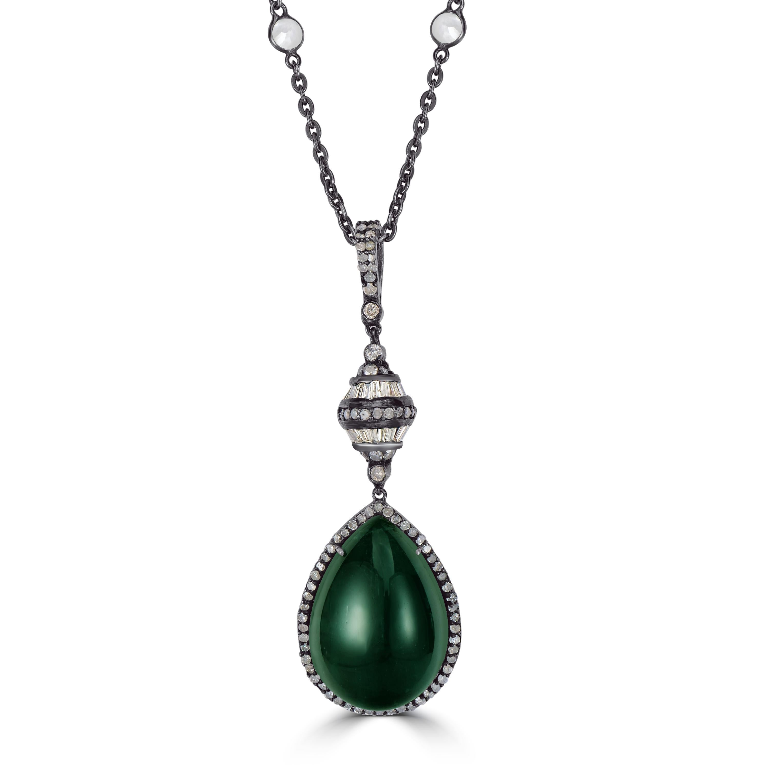 Pear Cut Victorian 25 Cttw. Emerald, Diamond and Topaz Pendant Necklace  For Sale