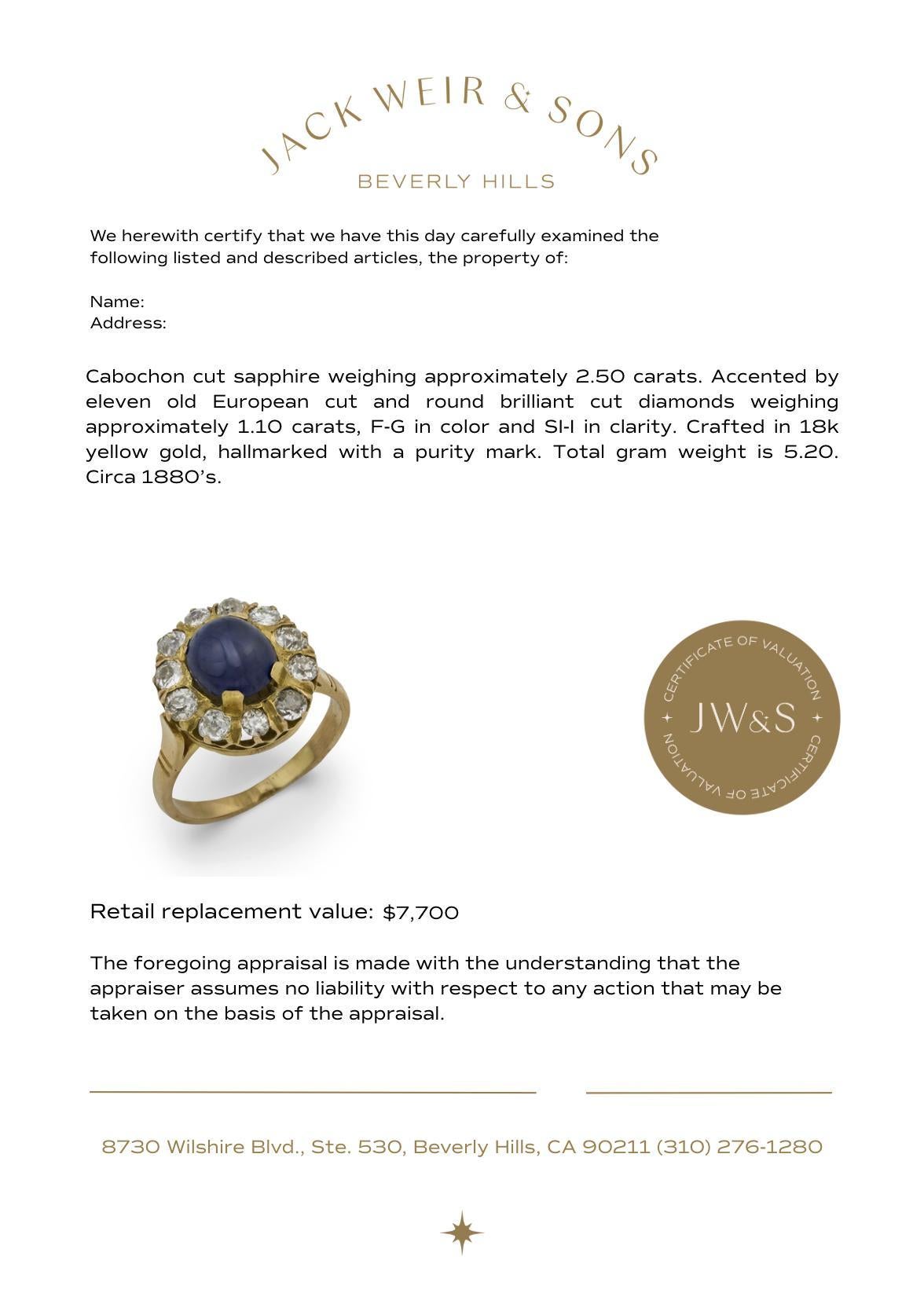 Victorian 2.50 carat cabochon sapphire diamond 18k yellow gold ring For Sale 2