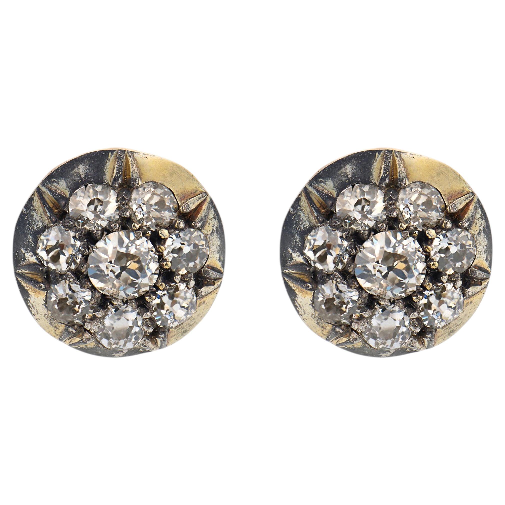 Victorian 2.50 carat diamond yellow gold silver stud earrings