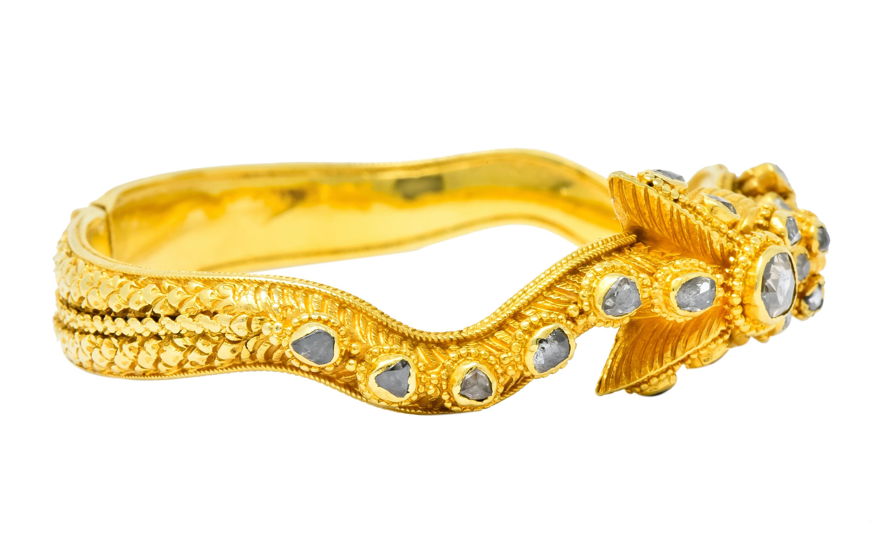 Victorian 2.50 Carat Rose Cut Diamond 18 Karat Gold Dragon Bangle Bracelet In Excellent Condition In Philadelphia, PA