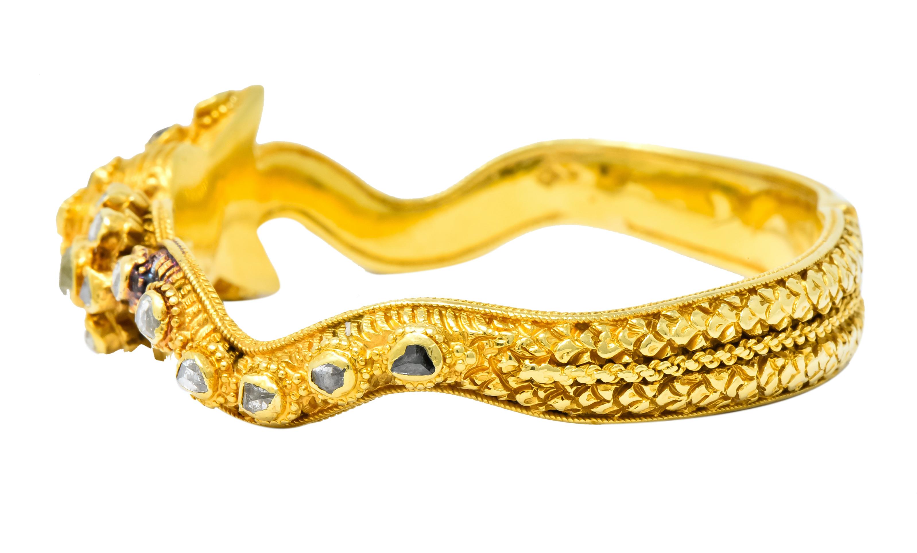 Victorian 2.50 Carat Rose Cut Diamond 18 Karat Gold Dragon Bangle Bracelet 1