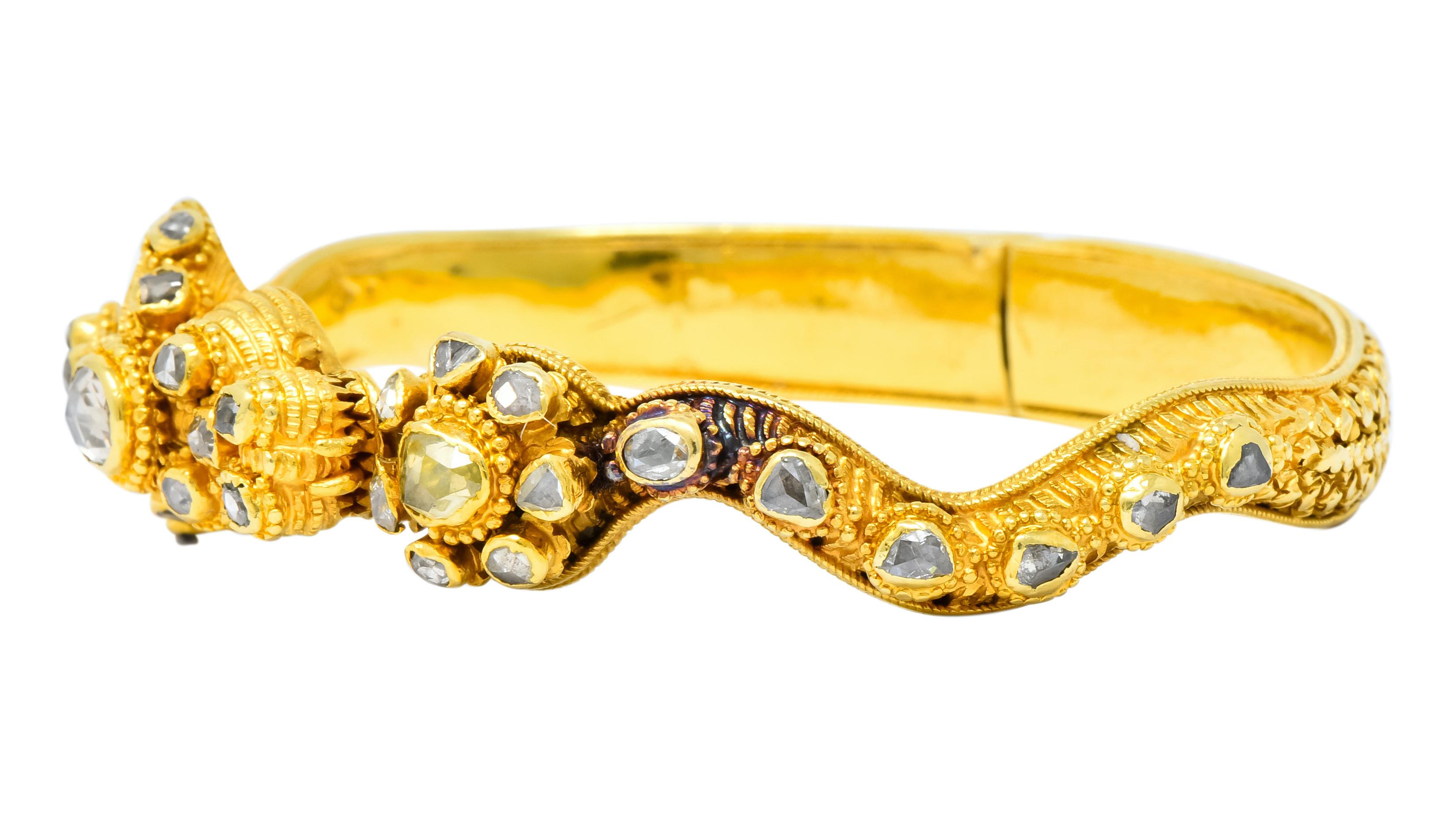 Victorian 2.50 Carat Rose Cut Diamond 18 Karat Gold Dragon Bangle Bracelet 2