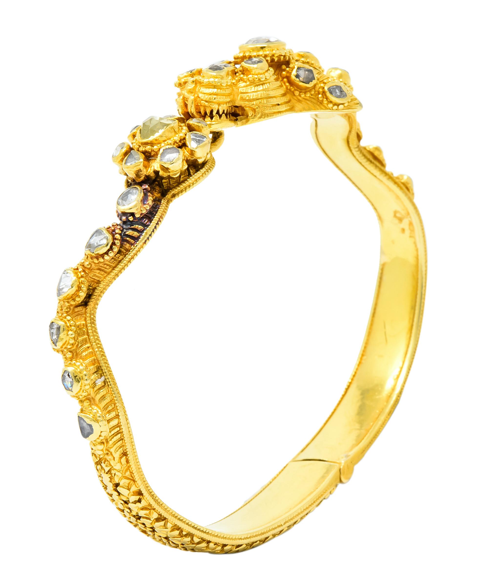 Victorian 2.50 Carat Rose Cut Diamond 18 Karat Gold Dragon Bangle Bracelet 4