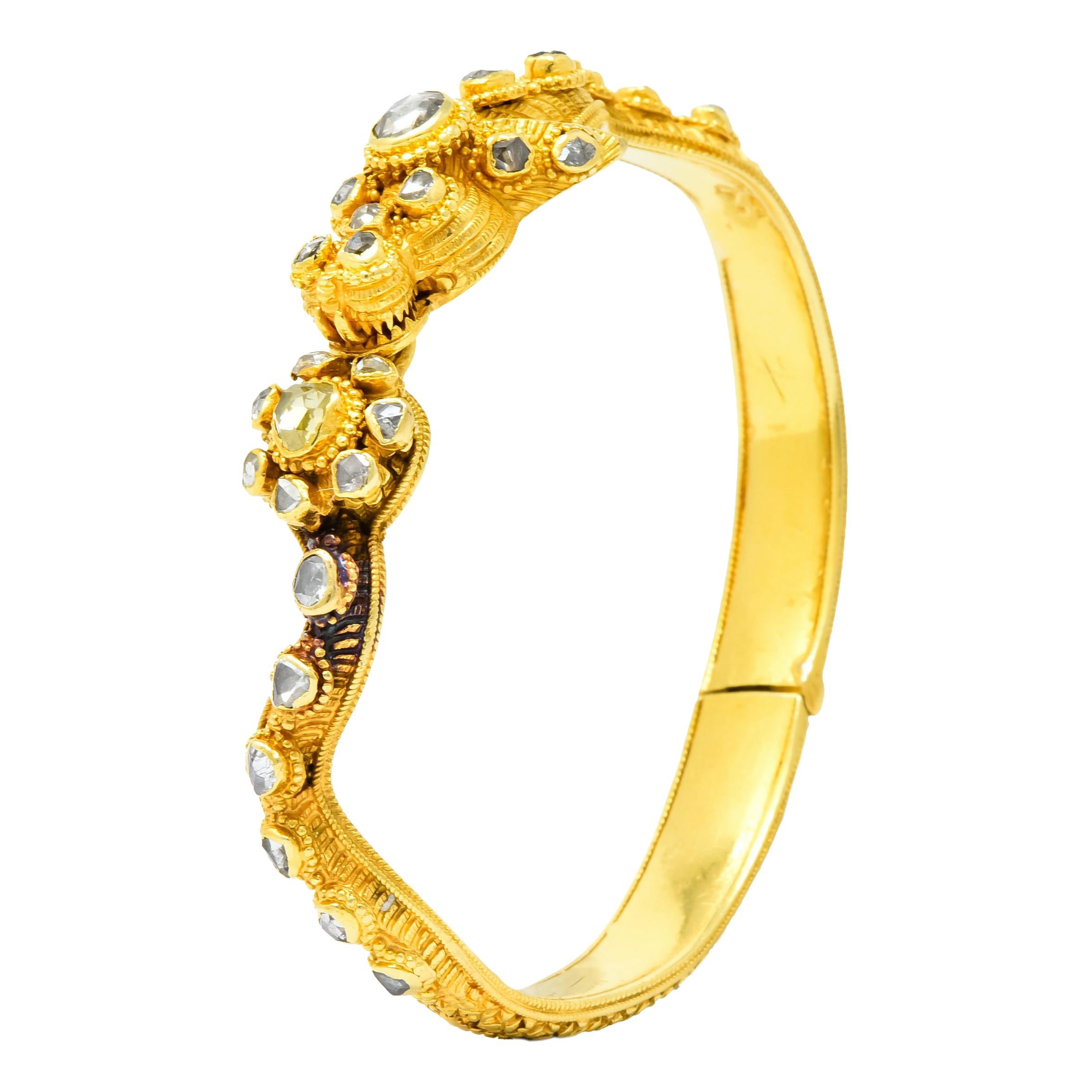 Victorian 2.50 Carat Rose Cut Diamond 18 Karat Gold Dragon Bangle Bracelet