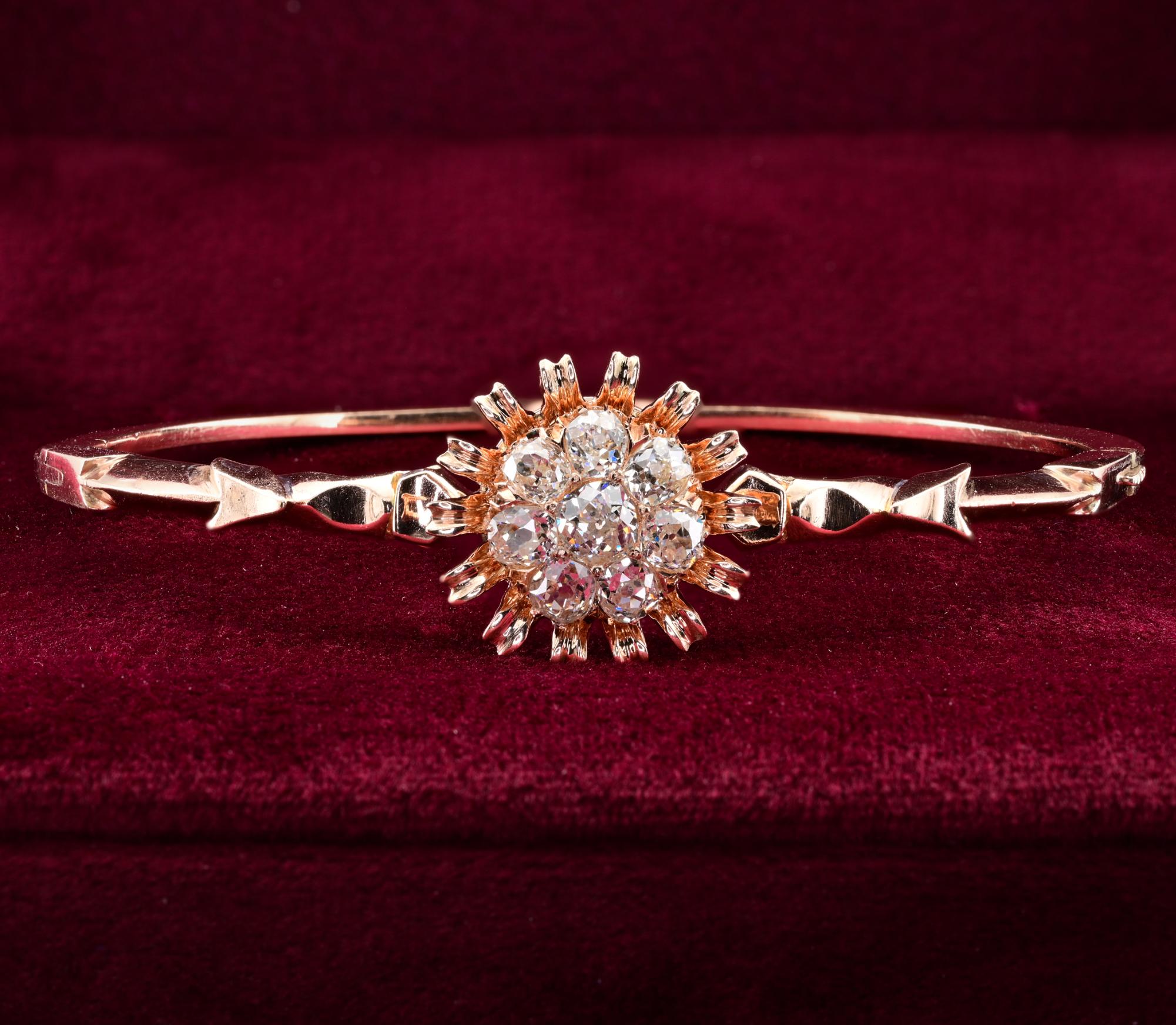 This enchanting Victorian period bangle is 1890 ca
15 KT solid gold hand crafted
Exquisite simple effective design with arrows on shoulders embracing the rich Diamond cluster encircled by lovely gold little petals
Diamonds are of the highest
