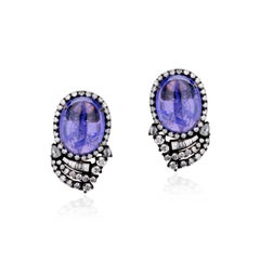 Victorian 25.05 Carat T.W Tanzanite & Diamond Stud Earrings in 18k Gold, Silver