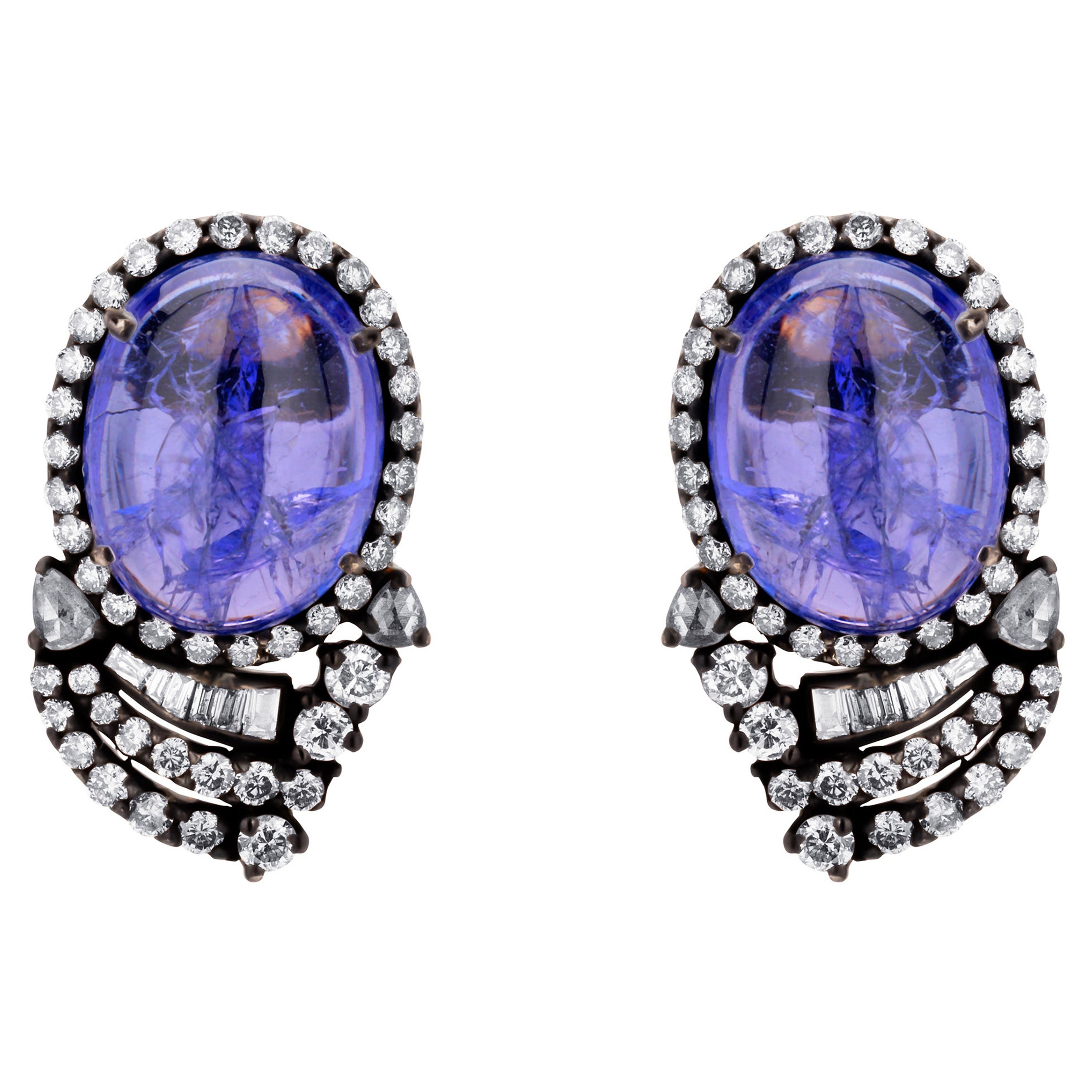 Victorian 25.05 Carat T.W Tanzanite & Diamond Stud Earrings in 18k Gold, Silver For Sale