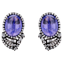 Victorian 25.05 Carat T.W Tanzanite & Diamond Stud Earrings in 18k Gold, Silver