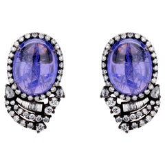 Victorian 25.05 Carat T.W Tanzanite & Diamond Stud Earrings in 18k Gold, Silver