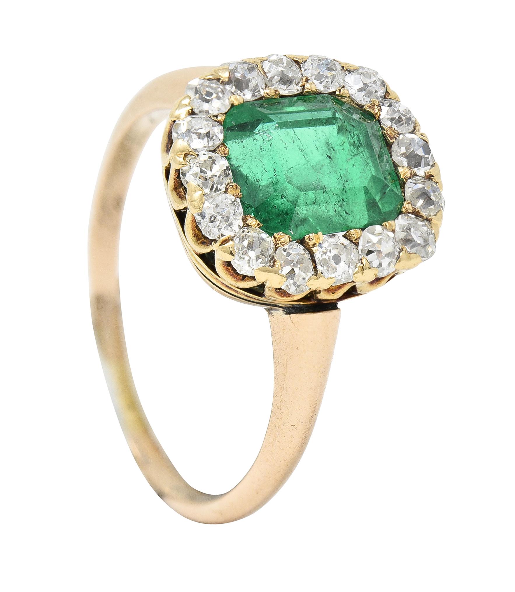 Victorian 2.51 CTW Colombian Emerald Diamond 14 Karat Yellow Gold Halo Ring GIA For Sale 5