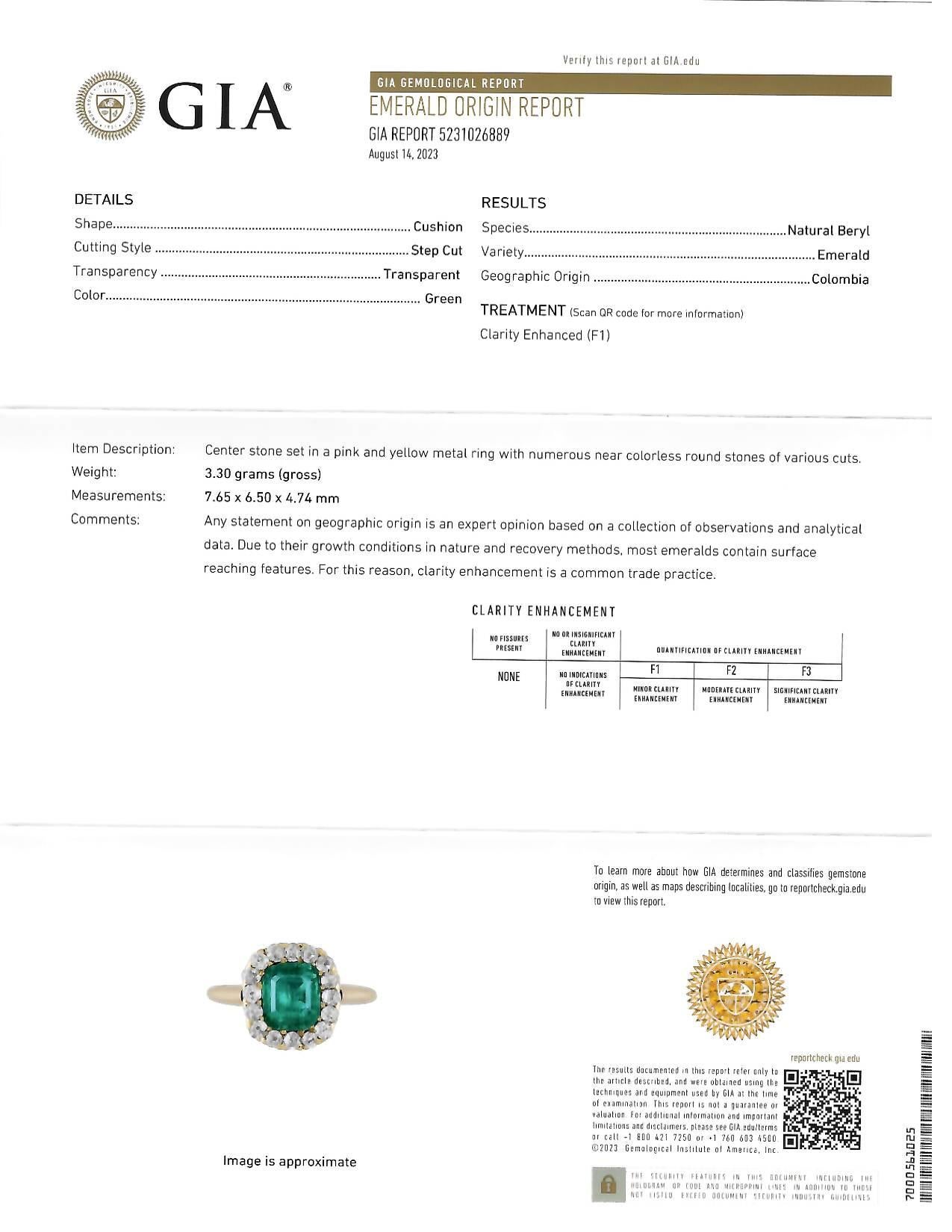 Victorian 2.51 CTW Colombian Emerald Diamond 14 Karat Yellow Gold Halo Ring GIA For Sale 9