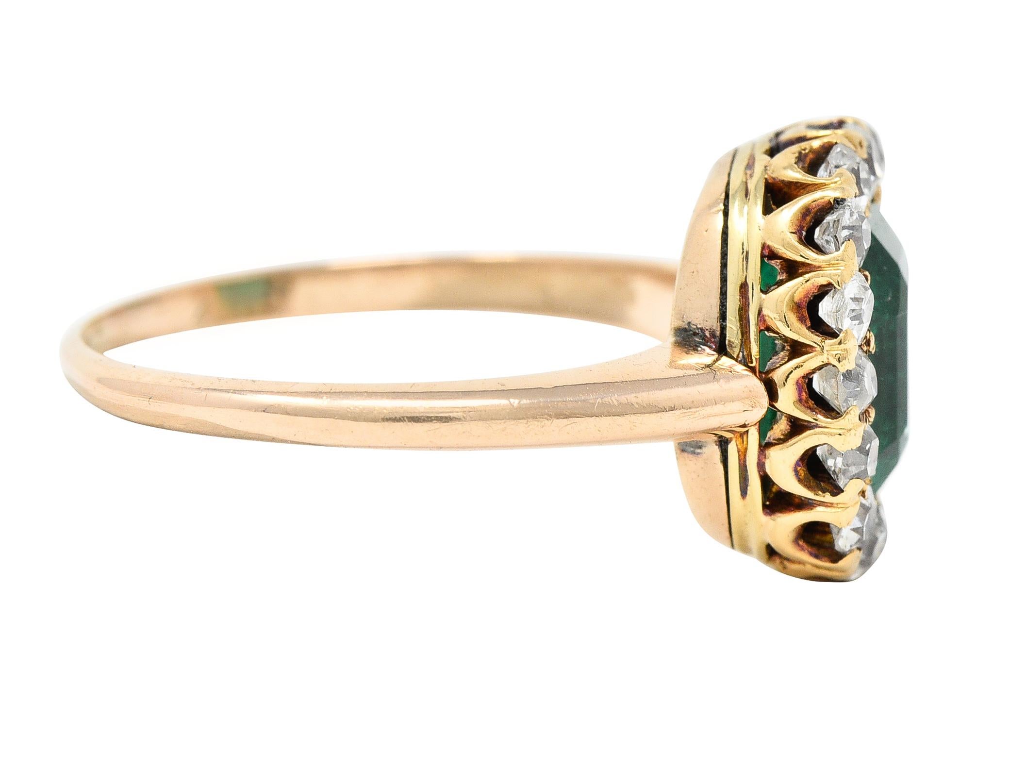 Cushion Cut Victorian 2.51 CTW Colombian Emerald Diamond 14 Karat Yellow Gold Halo Ring GIA For Sale