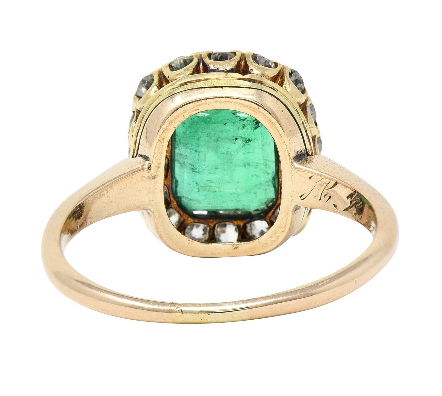 Victorian 2.51 CTW Colombian Emerald Diamond 14 Karat Yellow Gold Halo Ring GIA In Excellent Condition For Sale In Philadelphia, PA