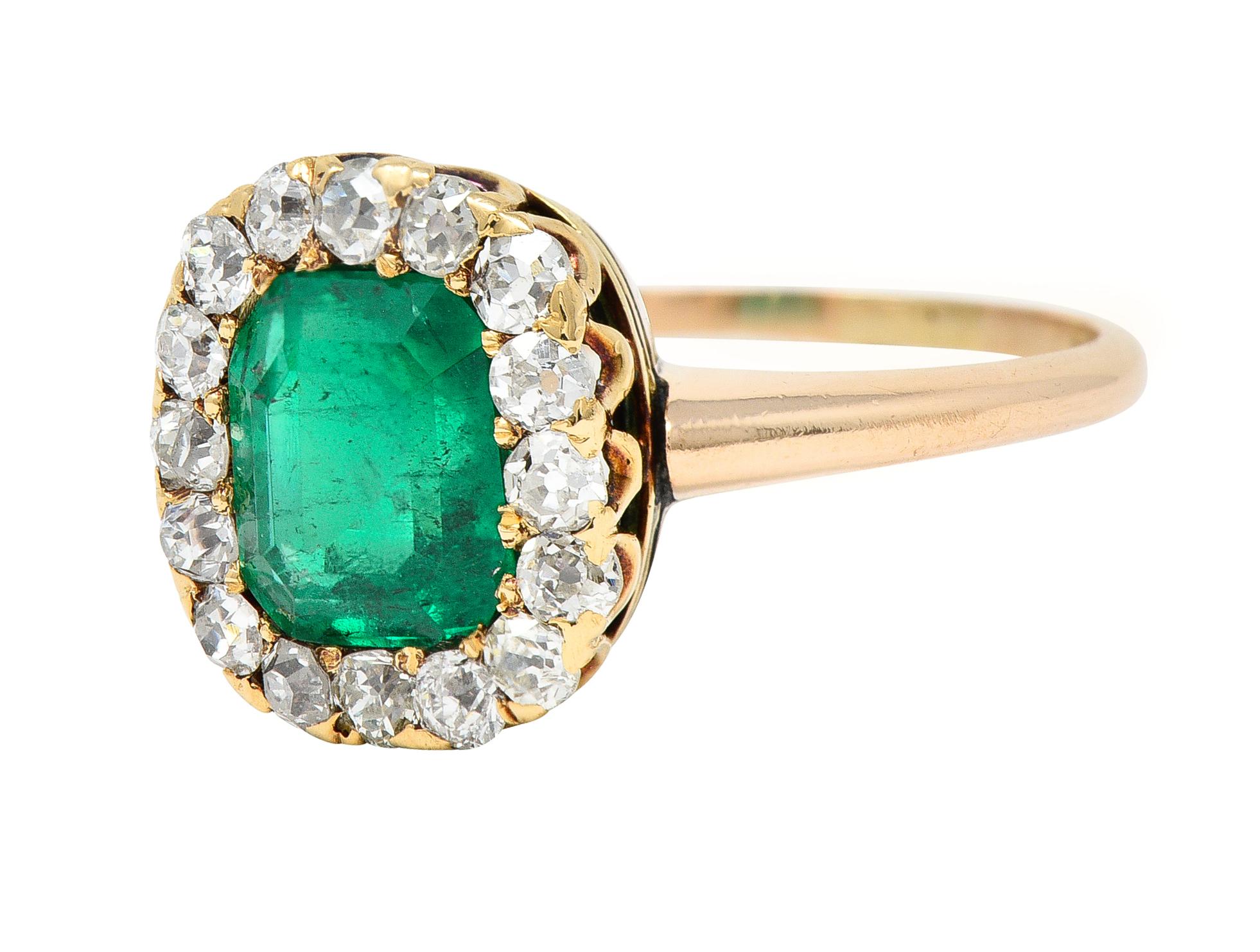 Victorian 2.51 CTW Colombian Emerald Diamond 14 Karat Yellow Gold Halo Ring GIA For Sale 1