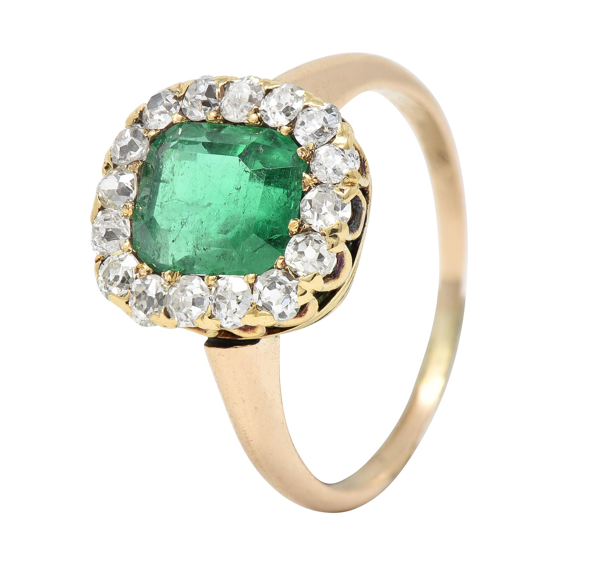 Victorian 2.51 CTW Colombian Emerald Diamond 14 Karat Yellow Gold Halo Ring GIA For Sale 3
